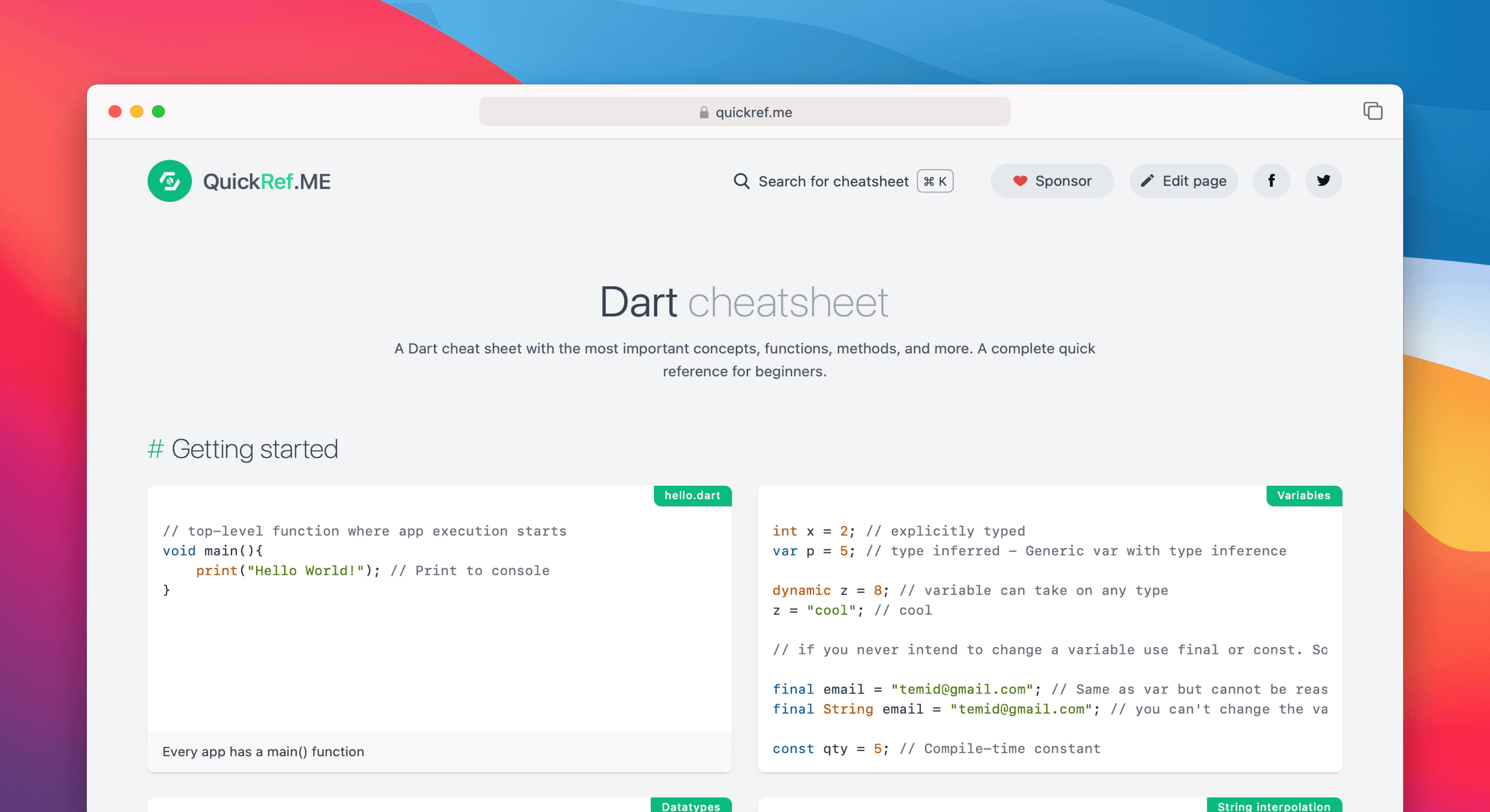 Dart Cheat Sheet & Quick Reference