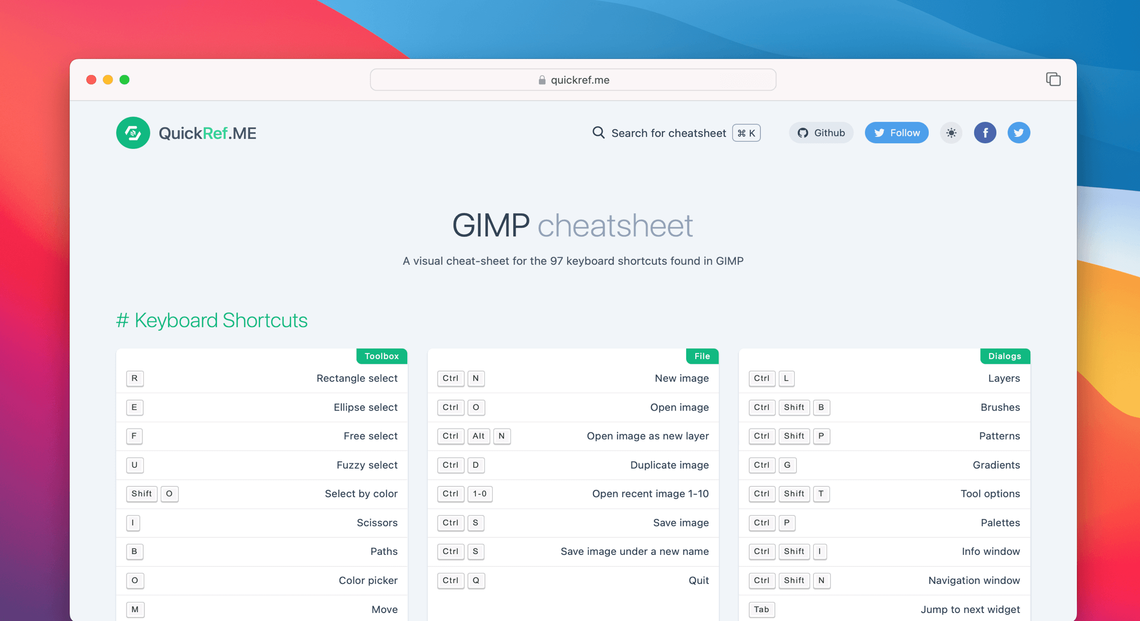 GIMP Cheat Sheet & Quick Reference