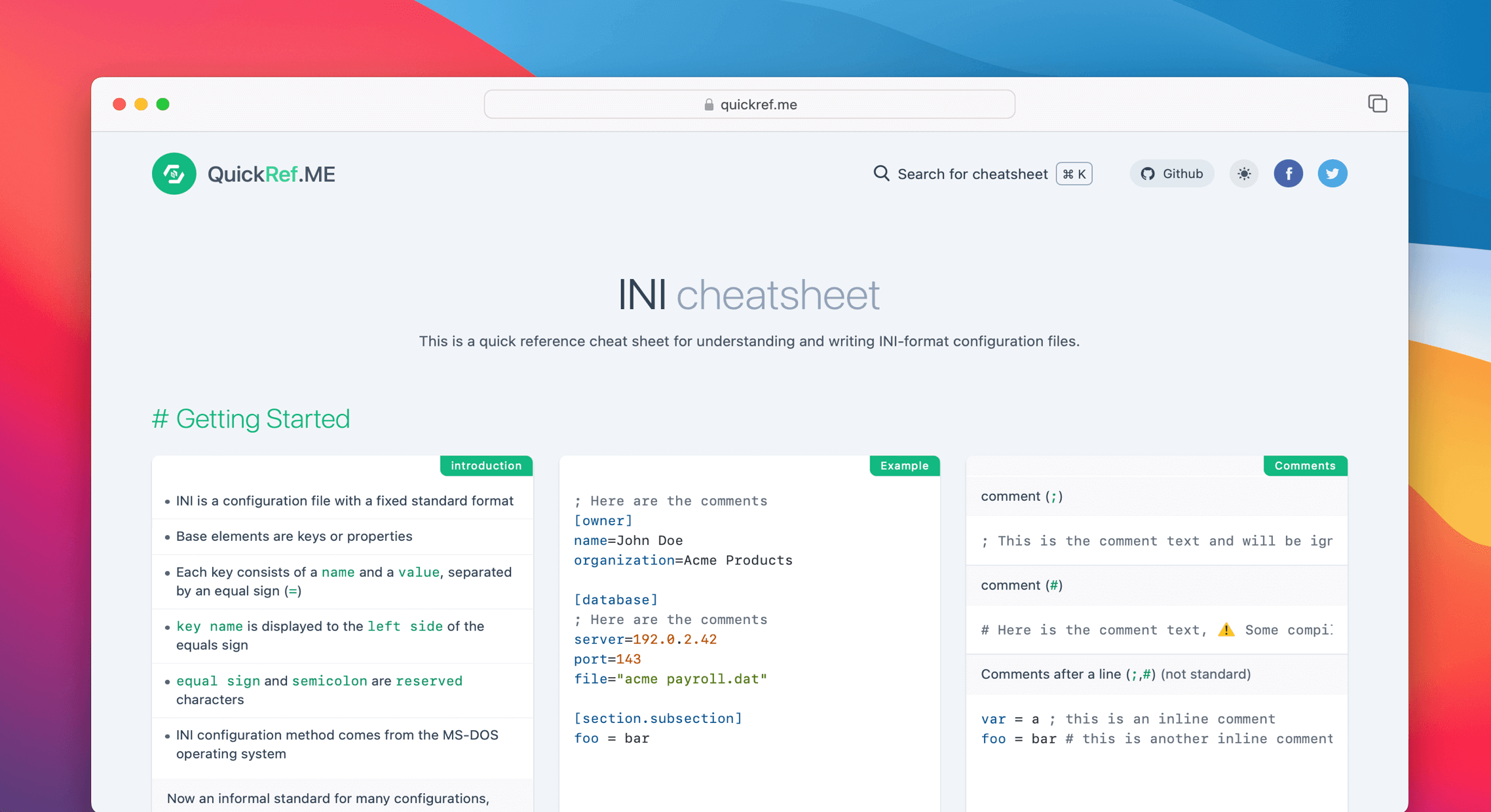 INI Cheat Sheet & Quick Reference
