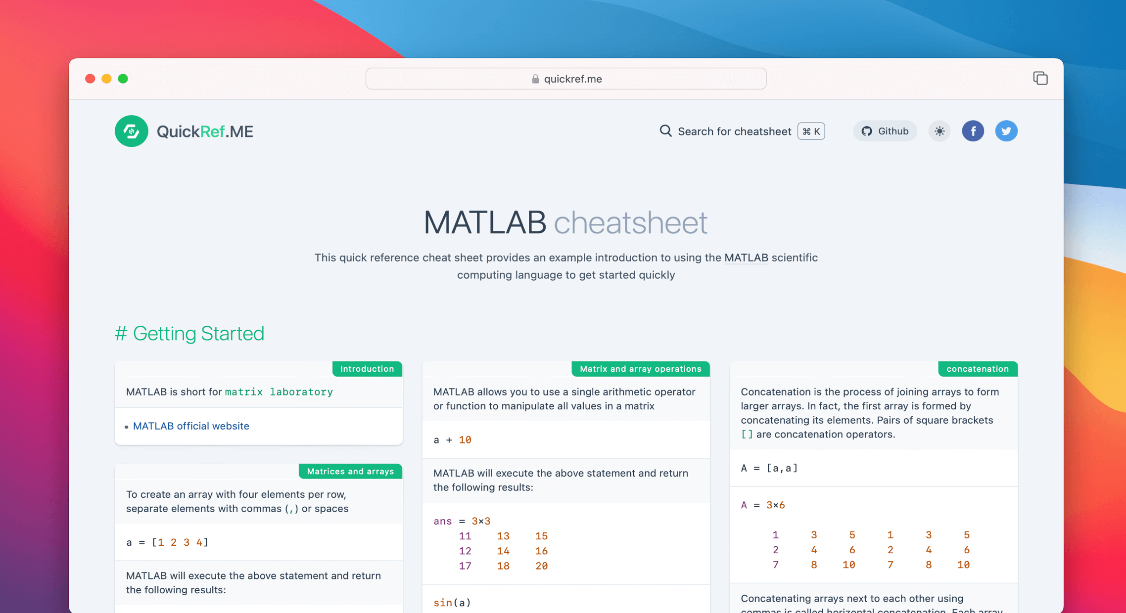 MATLAB Cheat Sheet Quick Reference