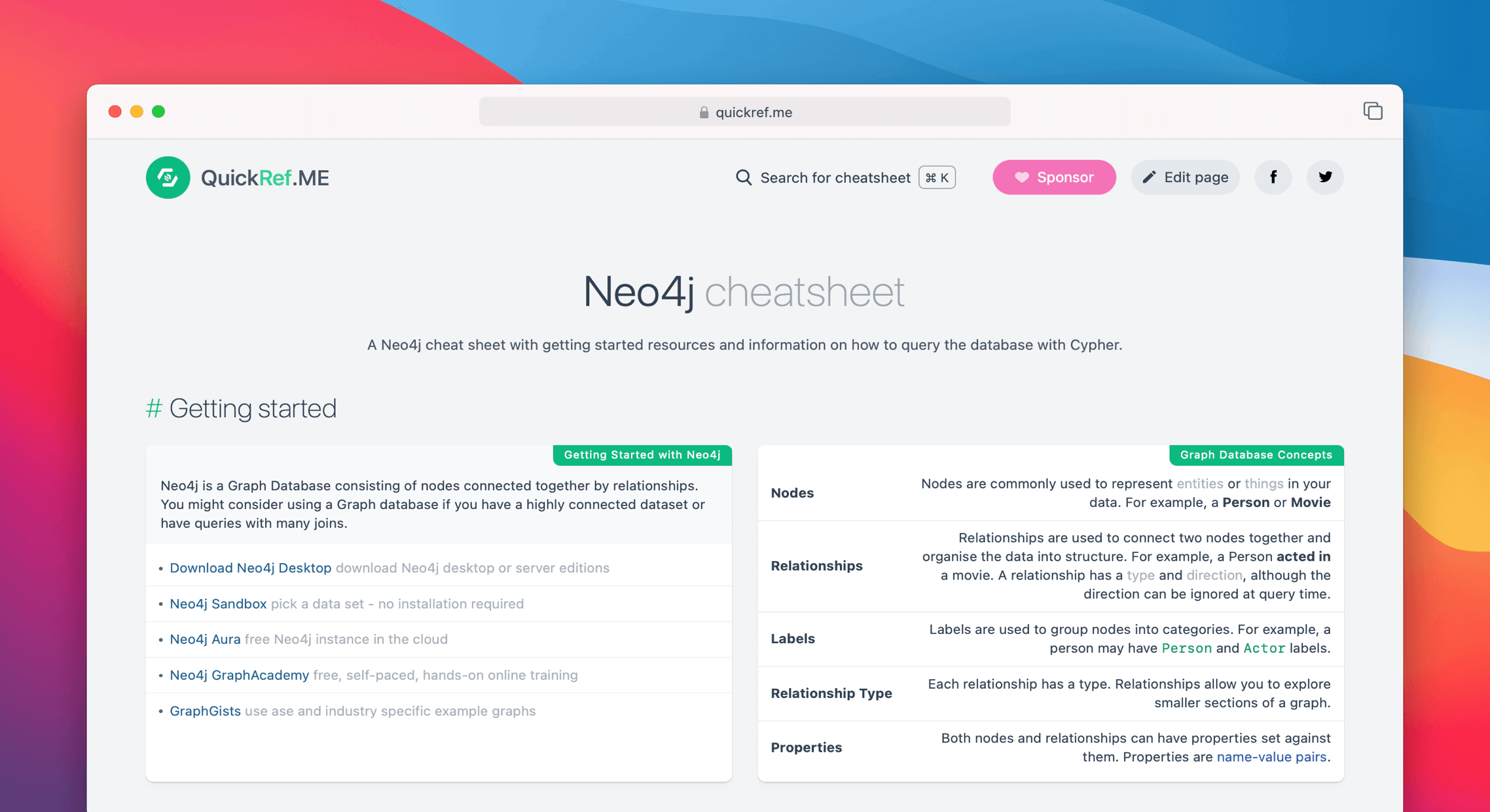 Neo4j Cheat Sheet & Quick Reference