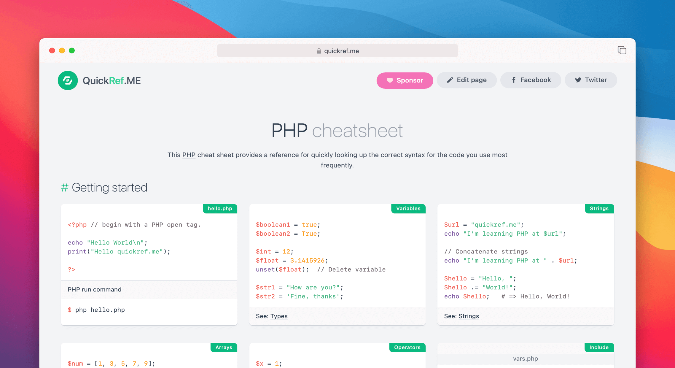 PHP Cheat Sheet & Quick Reference