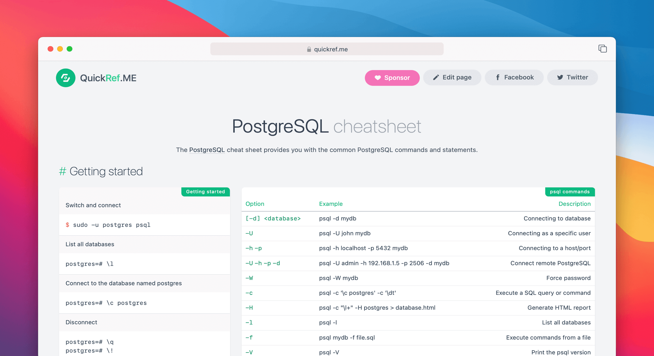 PostgreSQL Cheat Sheet Quick Reference