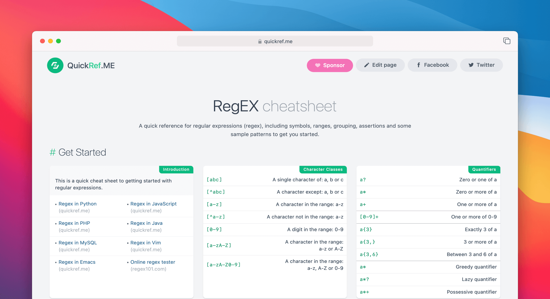 RegEX Cheat Sheet Quick Reference