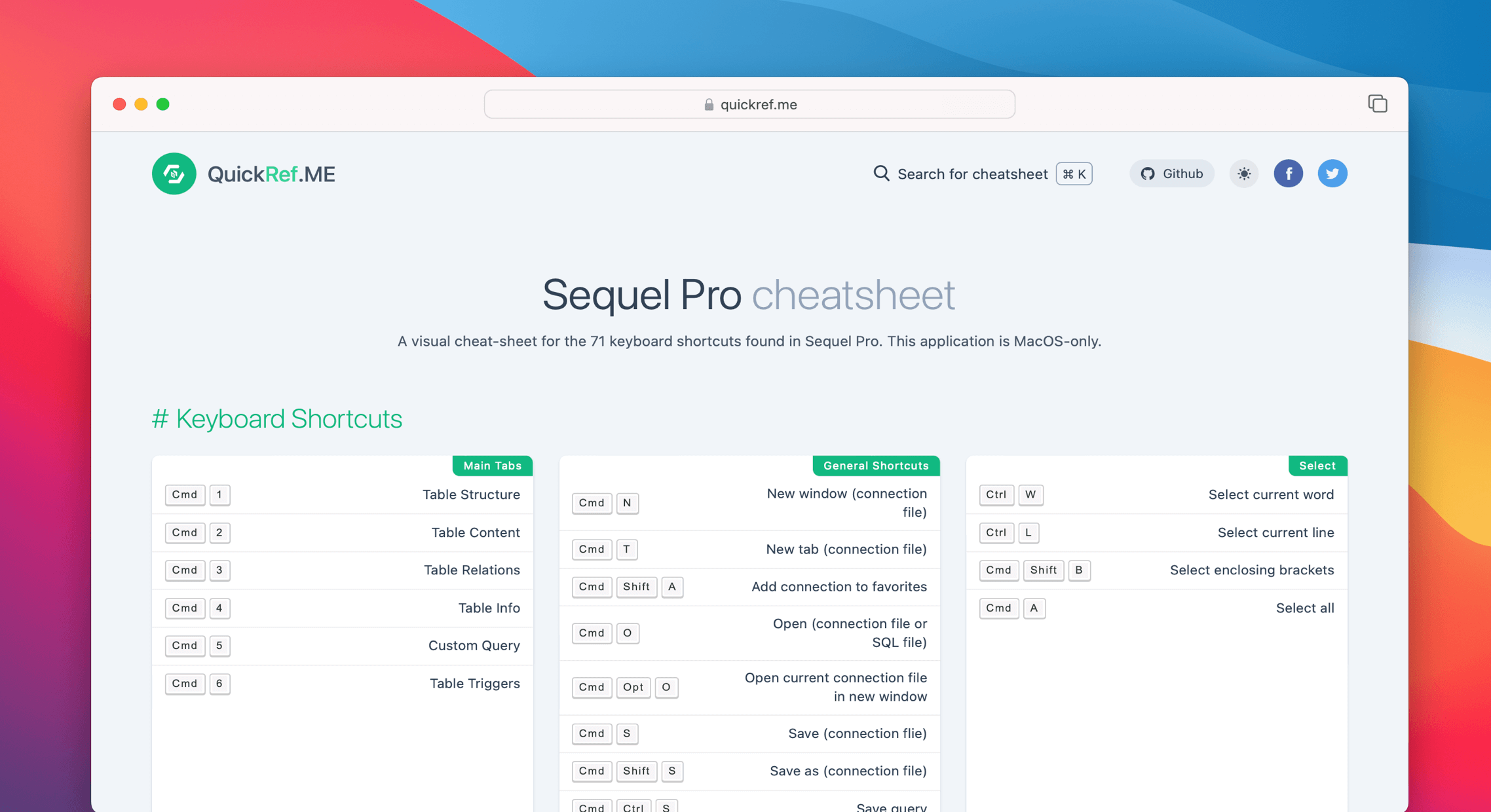 Sequel Pro Cheat Sheet & Quick Reference