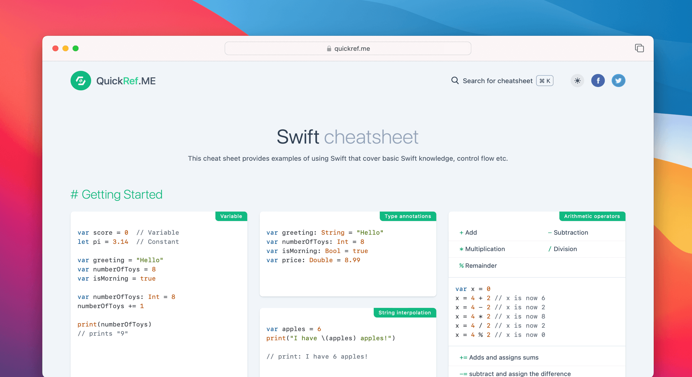 Swift Cheat Sheet & Quick Reference