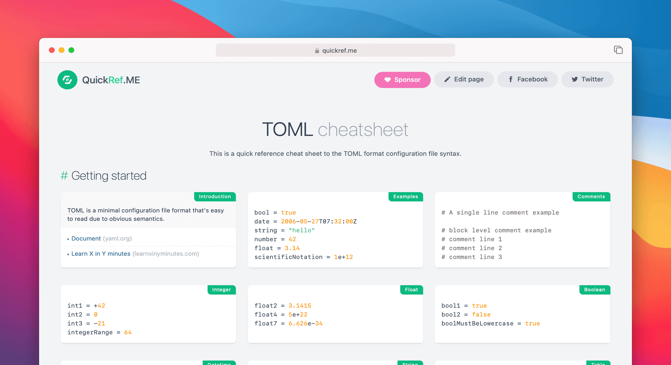 TOML Cheat Sheet & Quick Reference