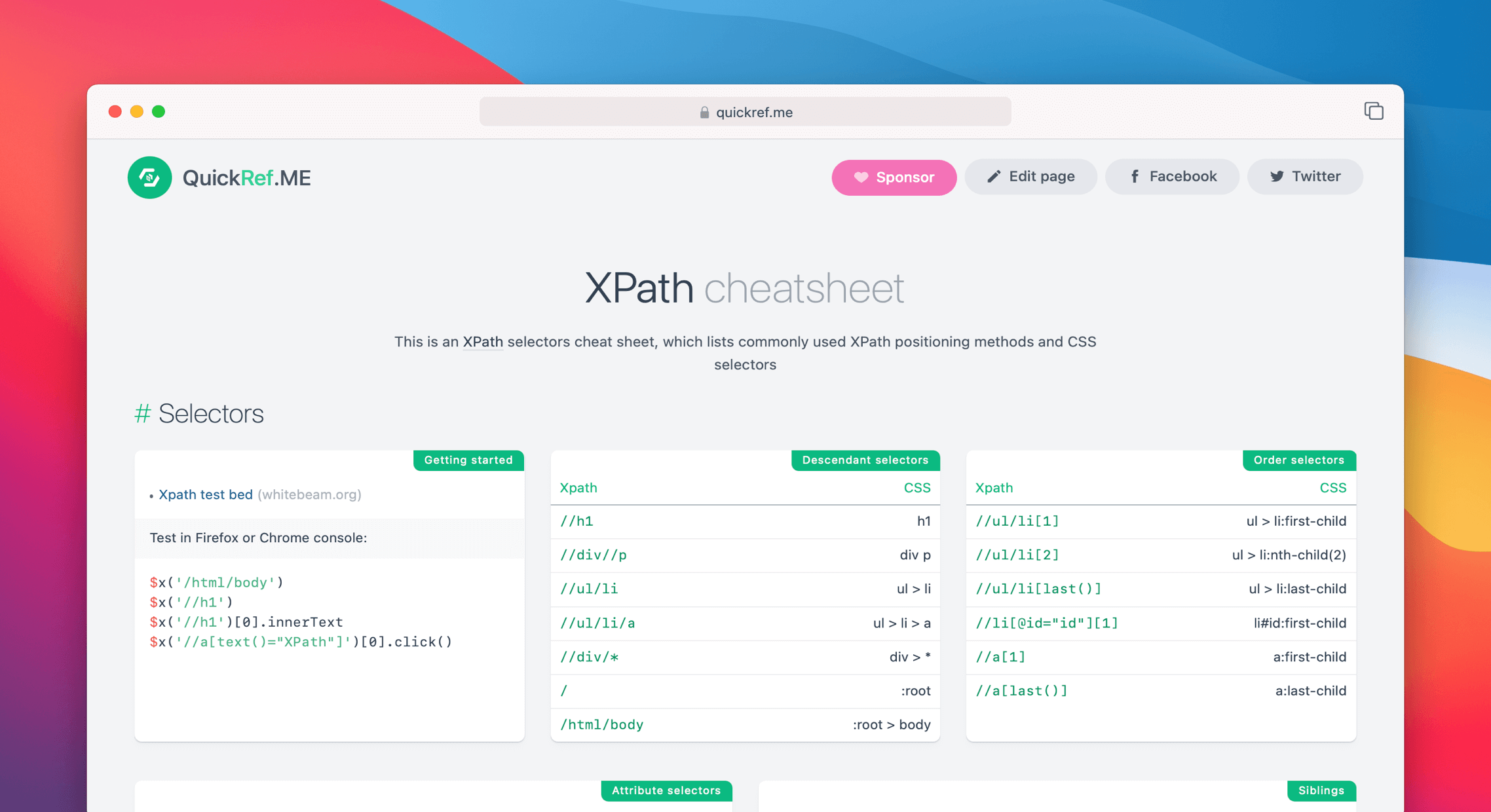 XPath Cheat Sheet & Quick Reference